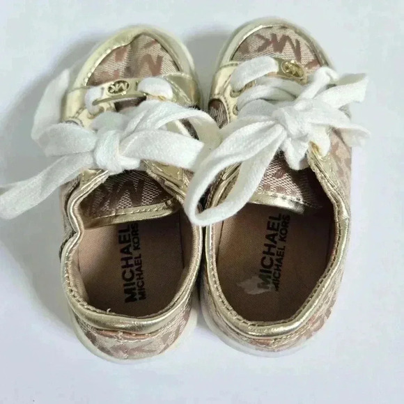 Michael Kors Gold Tan Lil Madeleine Monogram Lace Up Sneakers sz 6 - Picture 2 of 5